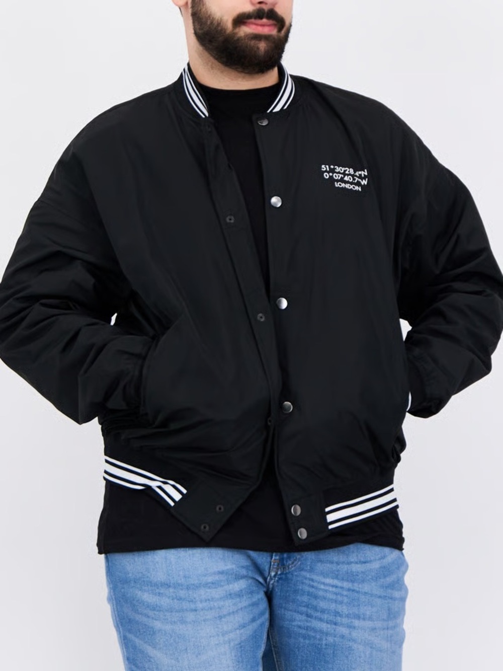 Pull&Bear Men’s Black Bomber Jacket with White Striped Trim
